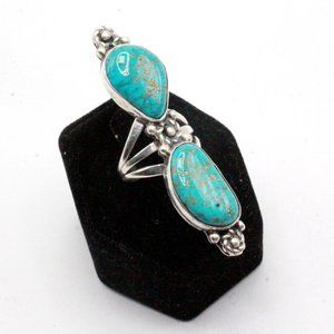 Sterling Silver Vintage Navajo Elongated 2.25" Long Kingman Turquoise Pinky Ring
